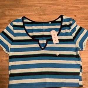 cropped blue striped top with scoop neck and slit